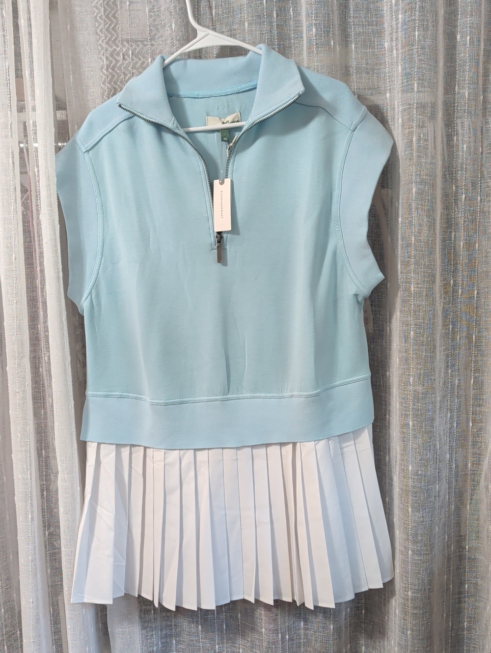 Anthropologie Light Blue Sleeveless Zip Polo with White Pleated Hem
